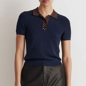Madewell Navy and Brown Checkered Collar Sweater